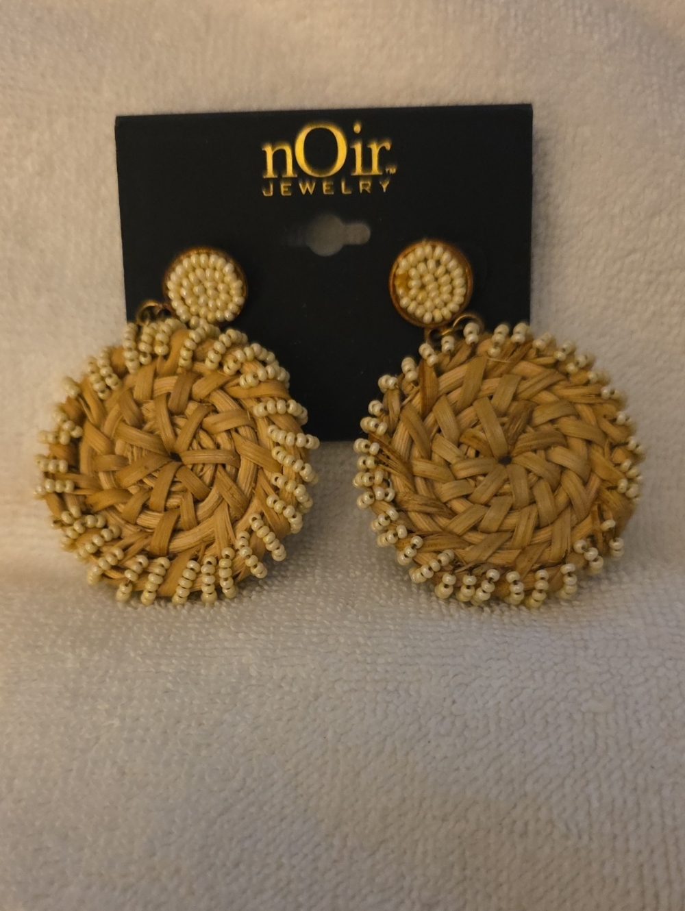 nOir Jewelry Tan Woven Straw Beaded Drop Earrings